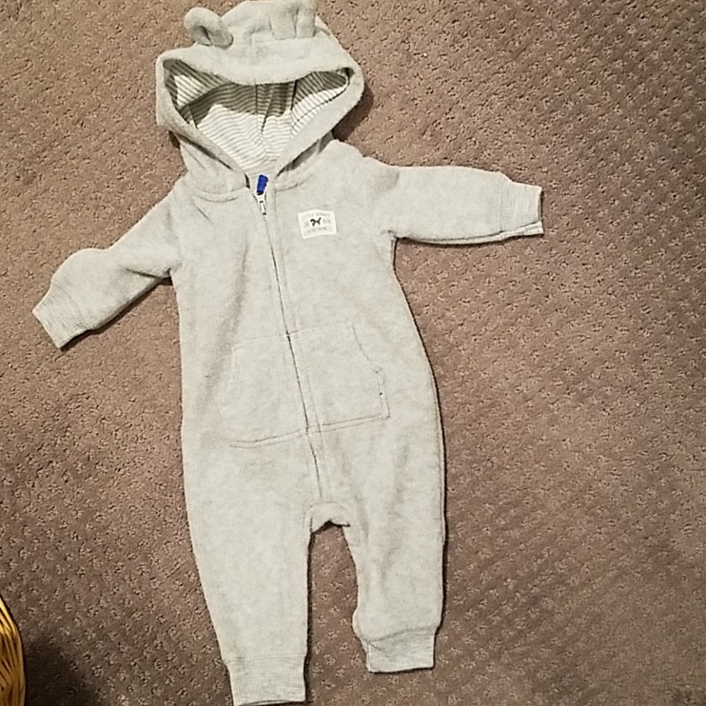 Gray one piece fleece outfit.